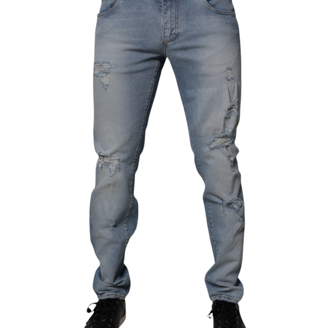 Dolce & Gabbana Blue Tattered Cotton Skinny Men Denim Jeans