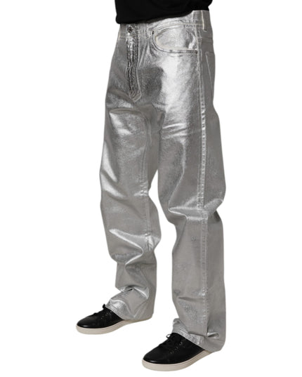 Dolce & Gabbana Metallic Silver Cotton Straight Denim Jeans
