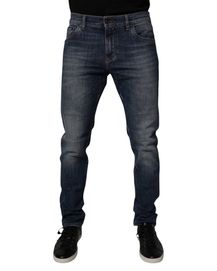 Dolce & Gabbana Dark Blue Cotton Leather Skinny Denim Jeans
