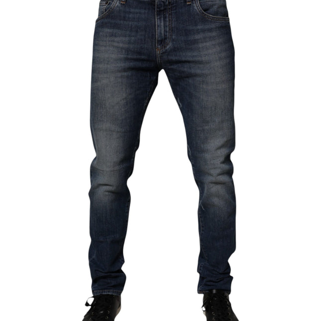 Dolce & Gabbana Dark Blue Cotton Leather Skinny Denim Jeans