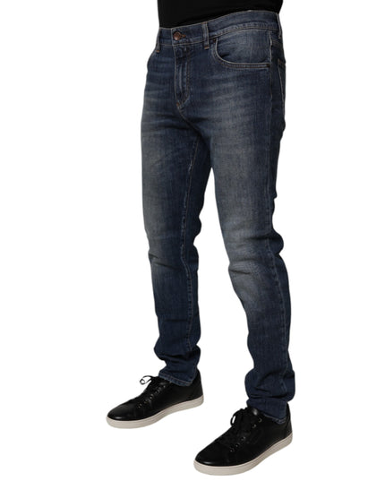 Dolce & Gabbana Dark Blue Cotton Leather Skinny Denim Jeans