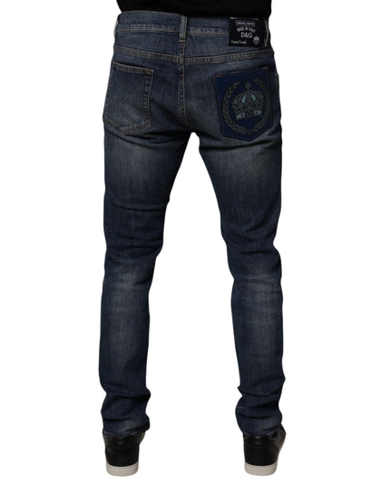Dolce & Gabbana Dark Blue Cotton Leather Skinny Denim Jeans