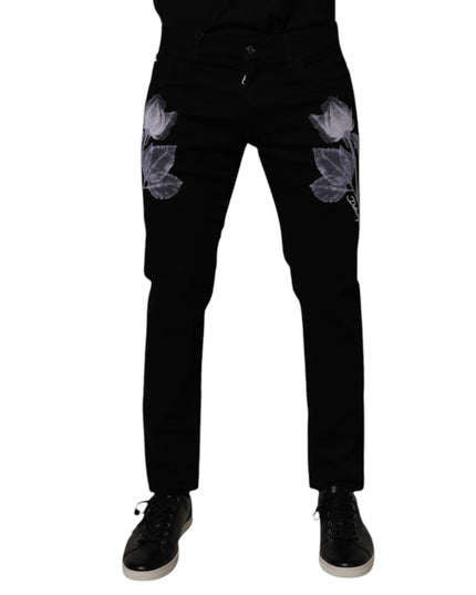 Dolce & Gabbana Black Floral Cotton Skinny Men Denim Jeans