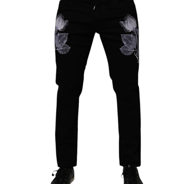 Dolce & Gabbana Black Floral Cotton Skinny Men Denim Jeans