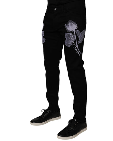Dolce & Gabbana Black Floral Cotton Skinny Men Denim Jeans