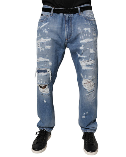 Dolce & Gabbana Blue Tattered Straight Cotton Denim Jeans