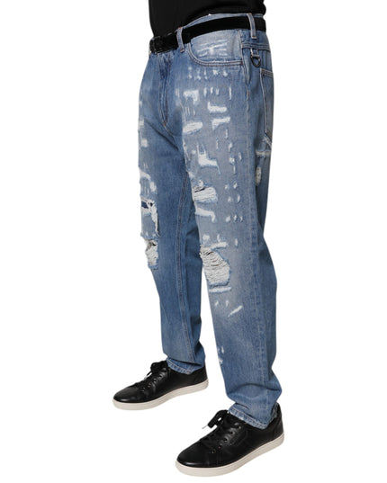 Dolce & Gabbana Blue Tattered Straight Cotton Denim Jeans