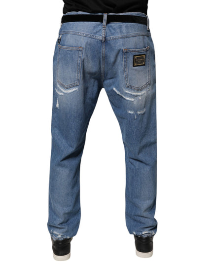 Dolce & Gabbana Blue Tattered Straight Cotton Denim Jeans