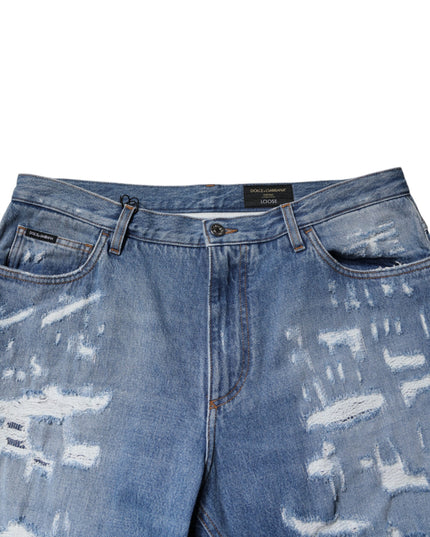 Dolce & Gabbana Blue Tattered Straight Cotton Denim Jeans