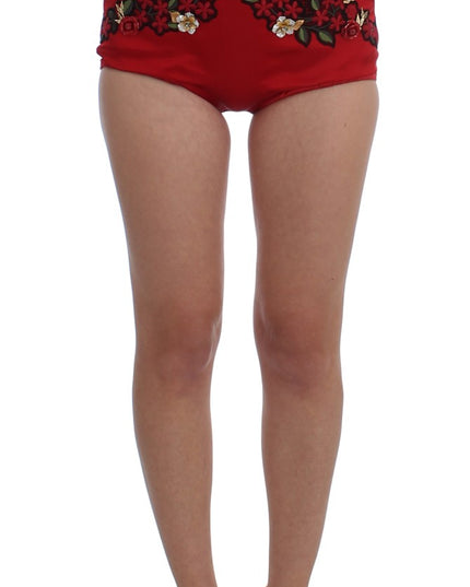 Dolce & Gabbana Red Silk Crystal Roses Shorts