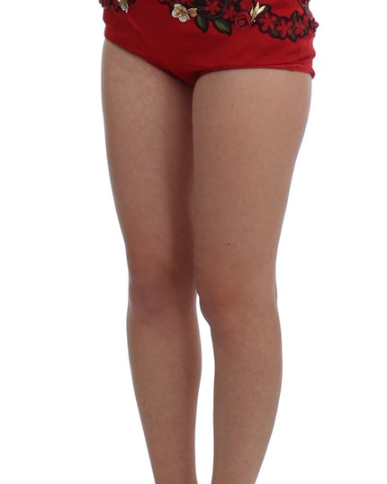 Dolce & Gabbana Red Silk Crystal Roses Shorts