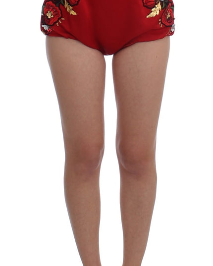Dolce & Gabbana Red Silk Crystal Roses Shorts
