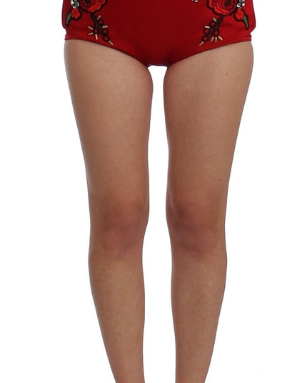 Dolce & Gabbana Red Silk Crystal Roses Shorts