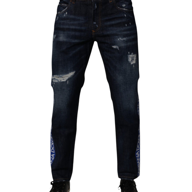 Dolce & Gabbana Dark Blue Cotton Tattered Skinny Denim Jeans