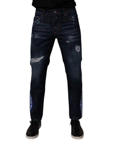 Dolce & Gabbana Dark Blue Cotton Tattered Skinny Denim Jeans