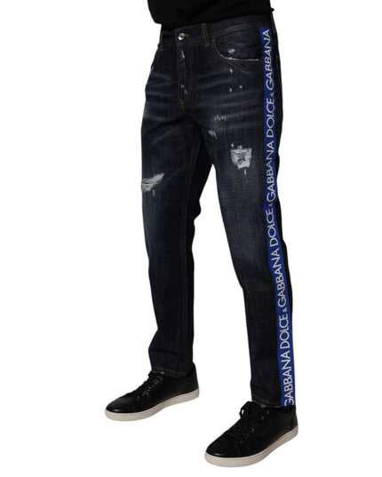 Dolce & Gabbana Dark Blue Cotton Tattered Skinny Denim Jeans