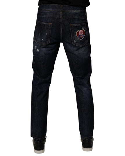 Dolce & Gabbana Dark Blue Cotton Tattered Skinny Denim Jeans