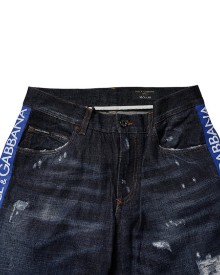 Dolce & Gabbana Dark Blue Cotton Tattered Skinny Denim Jeans