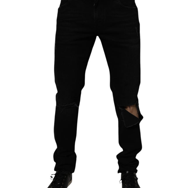Dolce & Gabbana Black Cotton Tattered Skinny Men Denim Jeans