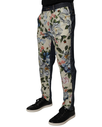 Dolce & Gabbana Beige Blue Floral Cotton Men Denim Jeans