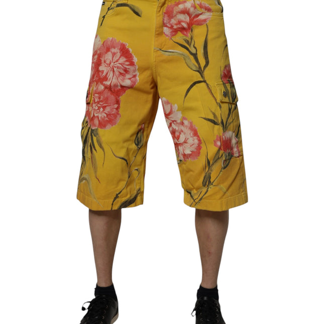 Dolce & Gabbana Yellow Floral Cargo Denim Men Bermuda Shorts