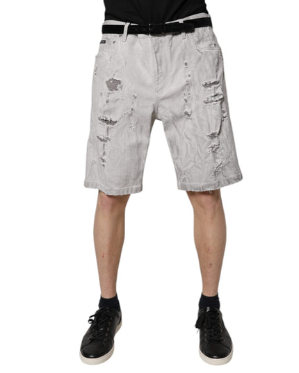 Dolce & Gabbana Light Gray Tattered Men Denim Bermuda Shorts
