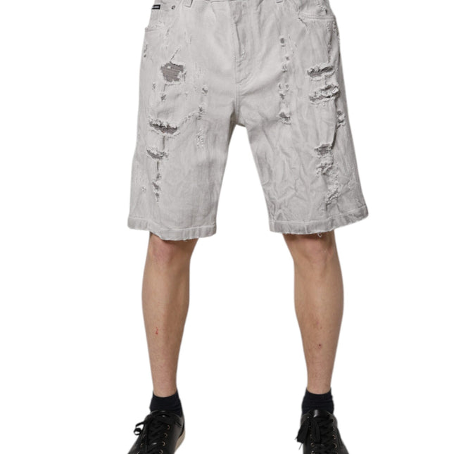 Dolce & Gabbana Light Gray Tattered Men Denim Bermuda Shorts