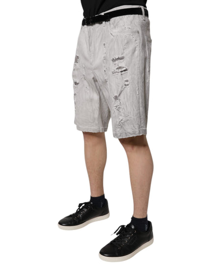 Dolce & Gabbana Light Gray Tattered Men Denim Bermuda Shorts