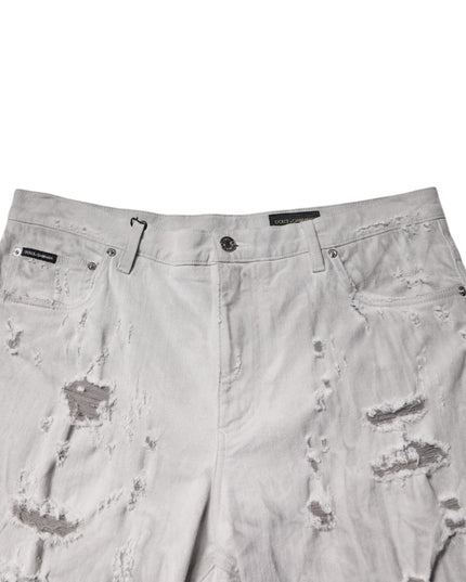Dolce & Gabbana Light Gray Tattered Men Denim Bermuda Shorts