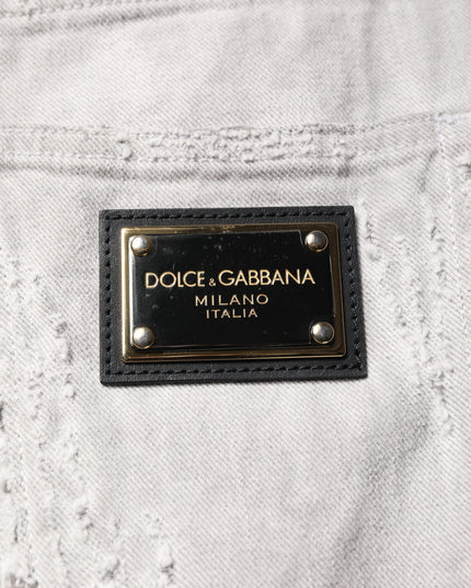 Dolce & Gabbana Light Gray Tattered Men Denim Bermuda Shorts