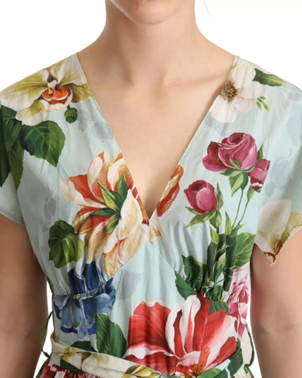 Dolce & Gabbana Green Floral Short Sleeves Cotton V-neck Dress