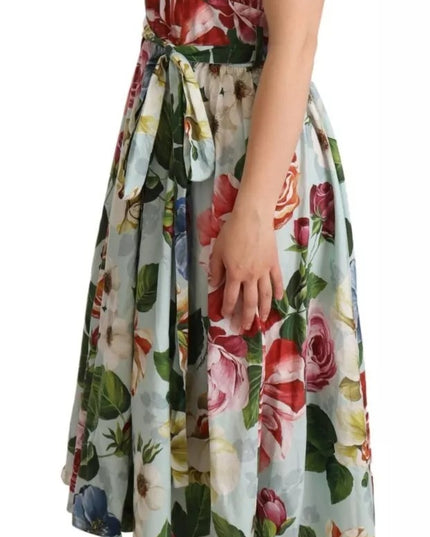 Dolce & Gabbana Green Floral Short Sleeves Cotton V-neck Dress