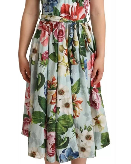 Dolce & Gabbana Green Floral Short Sleeves Cotton V-neck Dress
