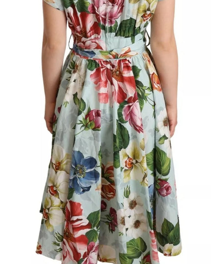 Dolce & Gabbana Green Floral Short Sleeves Cotton V-neck Dress