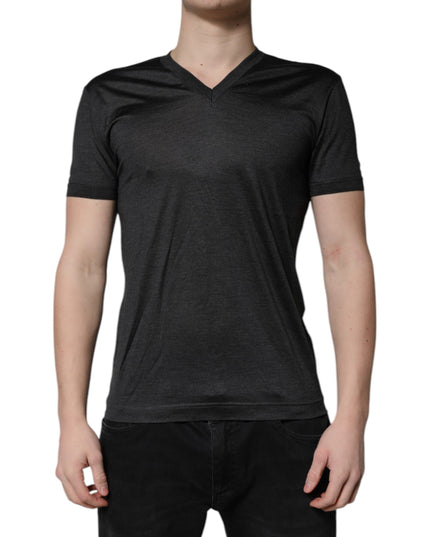 Dolce & Gabbana Dark Gray Silk V-neck Short Sleeves T-shirt