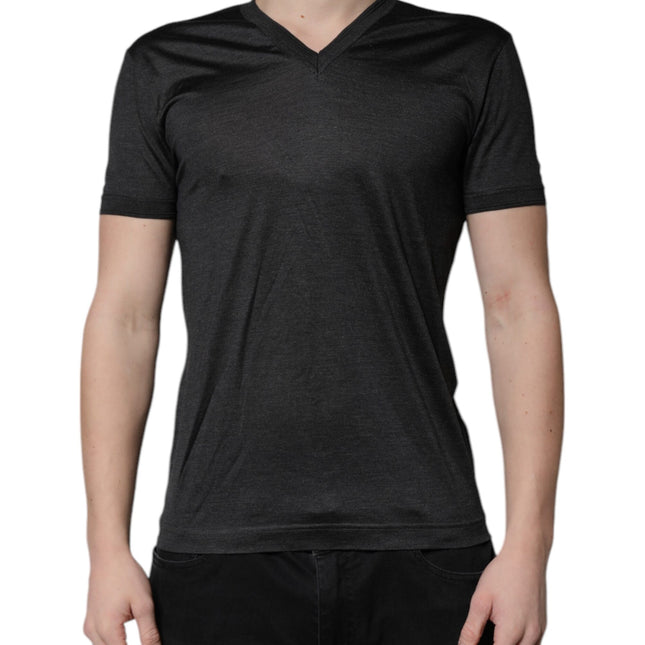 Dolce & Gabbana Dark Gray Silk V-neck Short Sleeves T-shirt