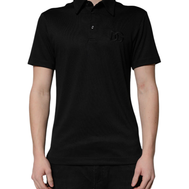 Dolce & Gabbana Black Polyester DG Logo Collared Polo T-shirt