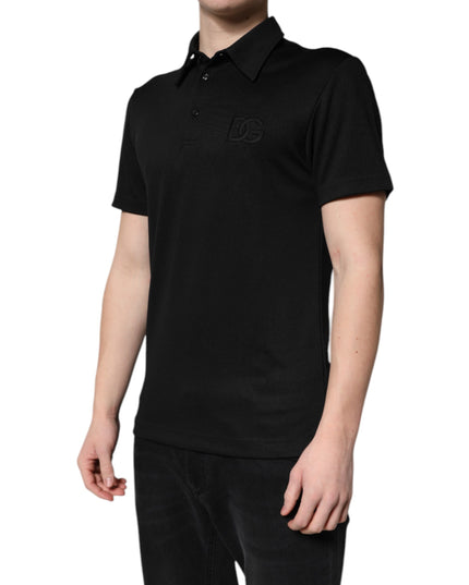 Dolce & Gabbana Black Polyester DG Logo Collared Polo T-shirt