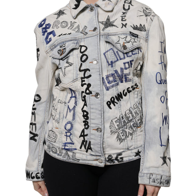 Dolce & Gabbana Light Blue Graffiti Button Down Denim Jacket