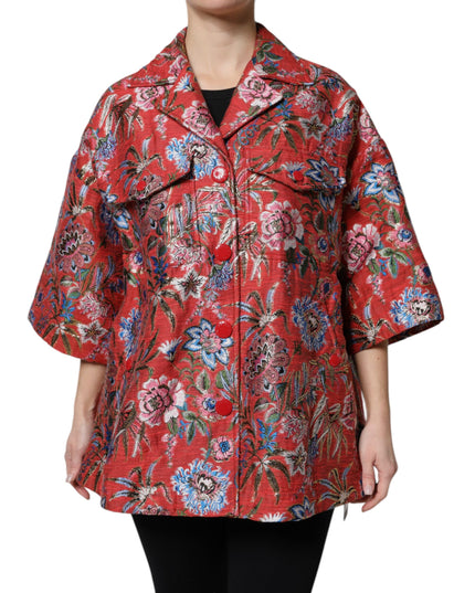 Dolce & Gabbana Red Floral Jacquard Button Down Coat Jacket