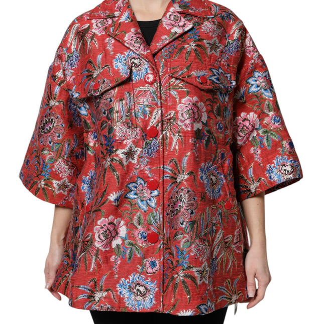 Dolce & Gabbana Red Floral Jacquard Button Down Coat Jacket