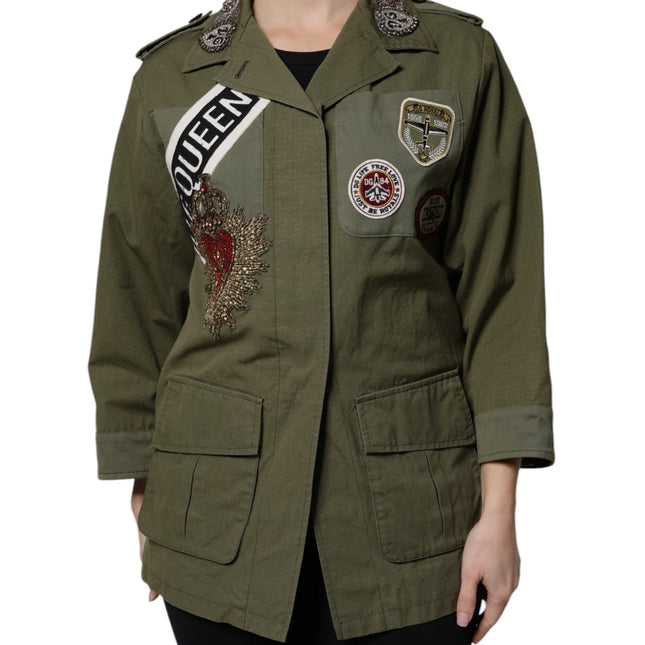 Dolce & Gabbana Military Green Queen Embellished Coat Jacket