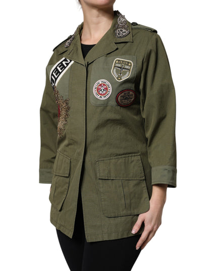 Dolce & Gabbana Military Green Queen Embellished Coat Jacket