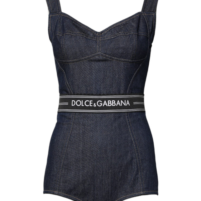 Dolce & Gabbana Blue Cotton Stretch Sleeveless Bodycon Denim Bodysuit