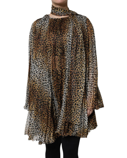 Dolce & Gabbana Brown Leopard Print Scarf Collared Chiffon Dress