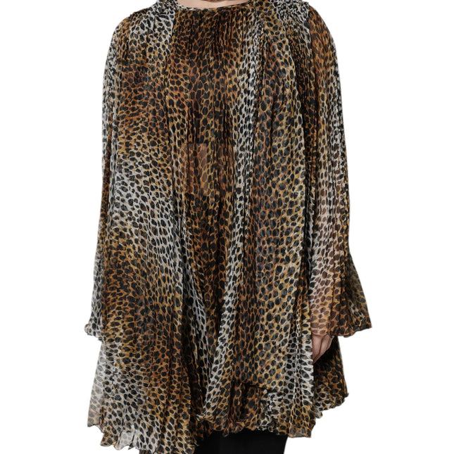 Dolce & Gabbana Brown Leopard Print Scarf Collared Chiffon Dress