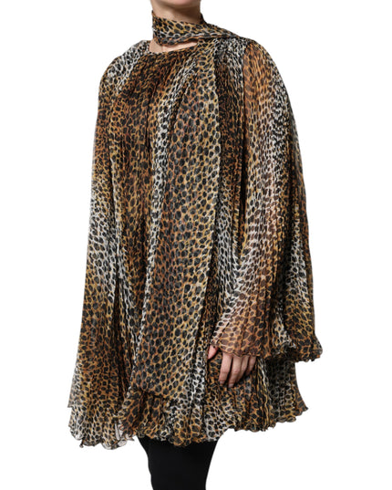 Dolce & Gabbana Brown Leopard Print Scarf Collared Chiffon Dress