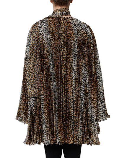 Dolce & Gabbana Brown Leopard Print Scarf Collared Chiffon Dress