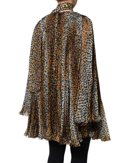 Dolce & Gabbana Brown Leopard Print Scarf Collared Chiffon Dress