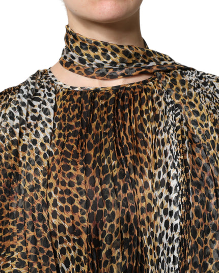 Dolce & Gabbana Brown Leopard Print Scarf Collared Chiffon Dress